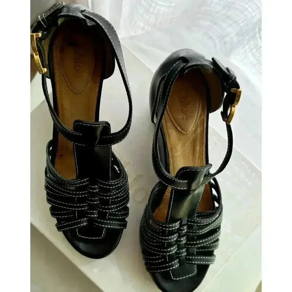 CHLOE Marcie Black Leather T-Strap Platform High Heel Wedge Sandal Size 38 1/2 - Picture 2 of 10